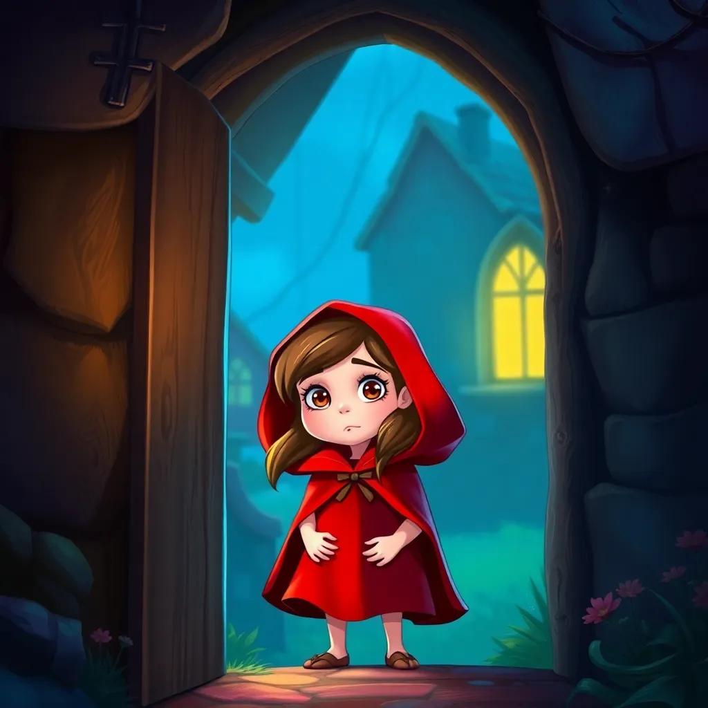 Little Red Riding Hood, a young girl with brown hair and a red velvet cape, standing in the doorway of her grandmother's cottage, peeking inside with a worried look, digital painting, suspenseful, vivid colors, high quality