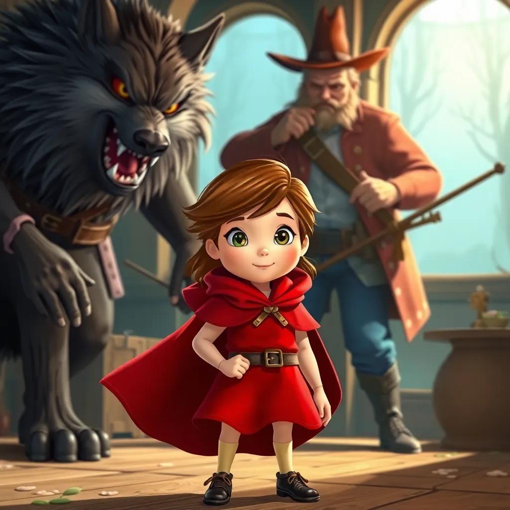 Little Red Riding Hood, a courageous young girl with brown hair in a red velvet cape, standing bravely in front of a large wolf, as a huntsman bursts into the room, digital art, thrilling moment, dynamic action, vivid illustrations
