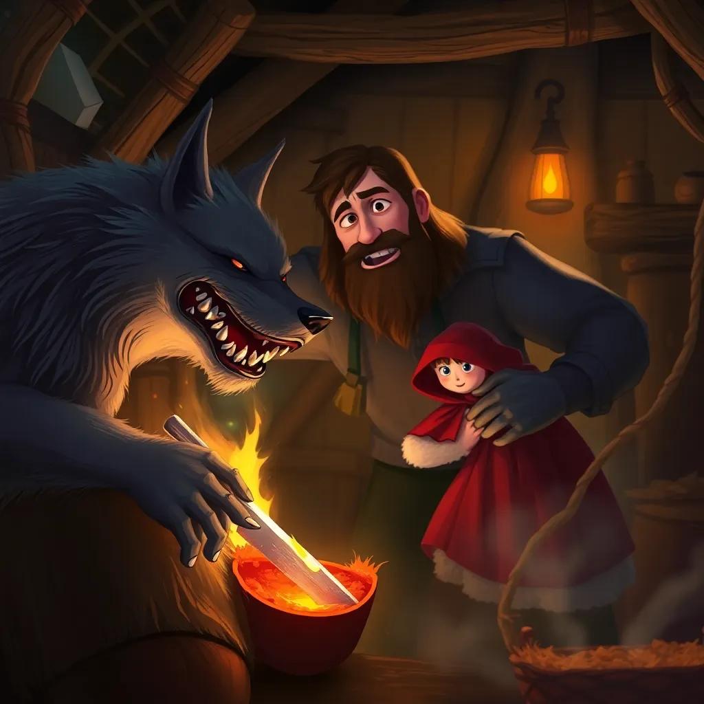 A brave huntsman with a determined look, slicing open a wolf's belly to rescue Little Red Riding Hood and her grandmother, inside a cozy cottage, digital painting, dramatic scene, warm colors, high quality