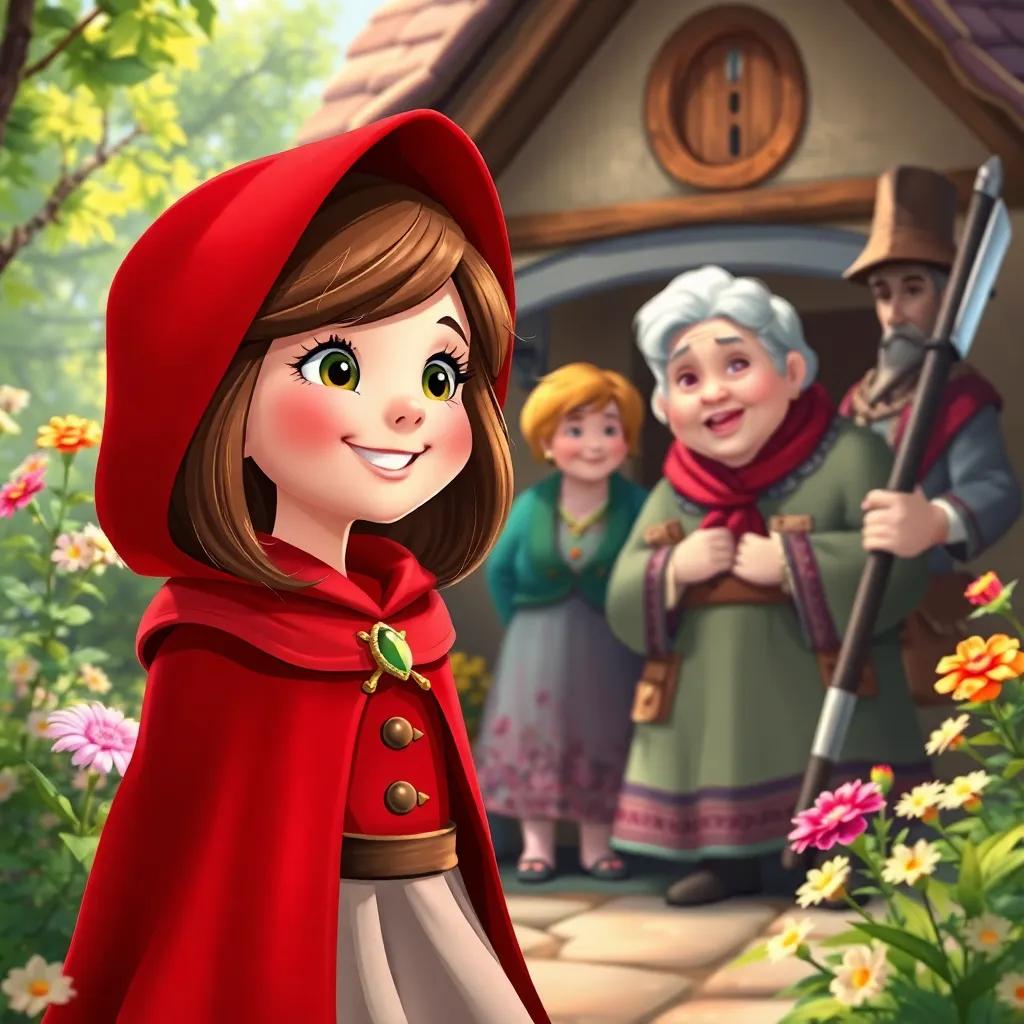 Little Red Riding Hood, a young girl with brown hair in a red velvet cape, celebrating with her grandmother and the huntsman outside the cottage, surrounded by flowers, digital art, joyful atmosphere, bright and colorful, heartwarming scene