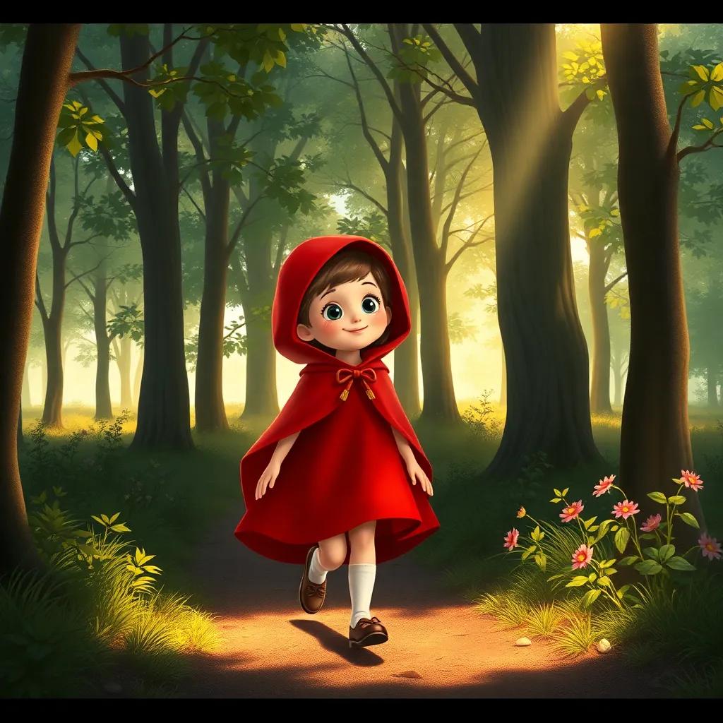 Little Red Riding Hood, a young girl in a red velvet cape, walking home happily through the peaceful woods, with sunlight shining down and trees all around, digital art, uplifting, soft colors, picturesque scenery