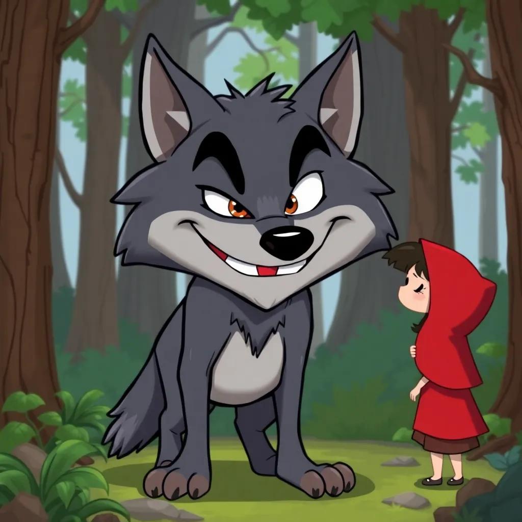 A sneaky wolf with sharp teeth and a sly grin, standing in the forest looking at Little Red Riding Hood with a cunning expression, surrounded by trees and bushes, digital illustration, playful, cartoon style, bright colors, high quality