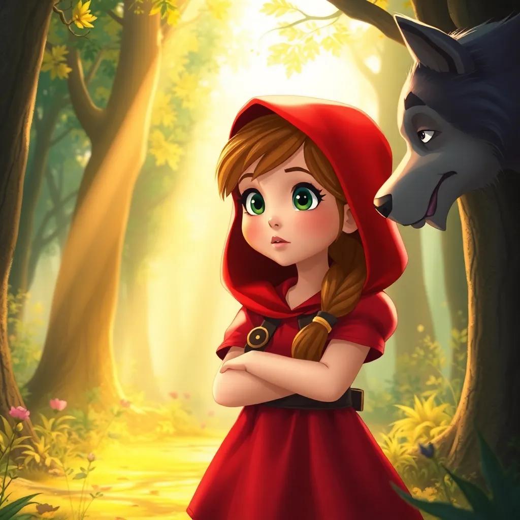 Little Red Riding Hood, with a determined look, talking to the wolf, with sunlight shining through the trees, creating a magical atmosphere, digital painting, lively, engaging, warm colors, medium shot, high quality