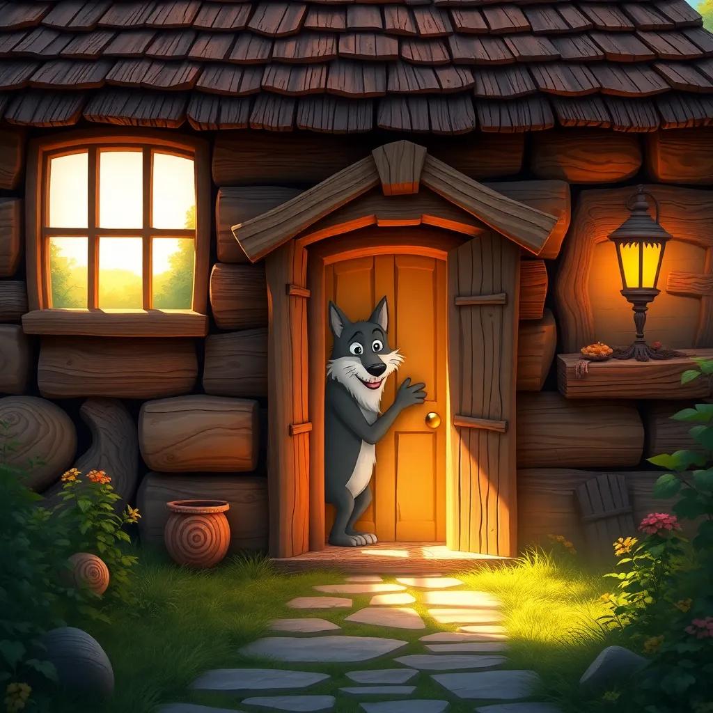An old cottage with a cozy appearance, showing the wolf knocking on the door, sunlight filtering through the windows, creating a welcoming atmosphere, digital art, bright colors, whimsical, storytelling scene, high quality