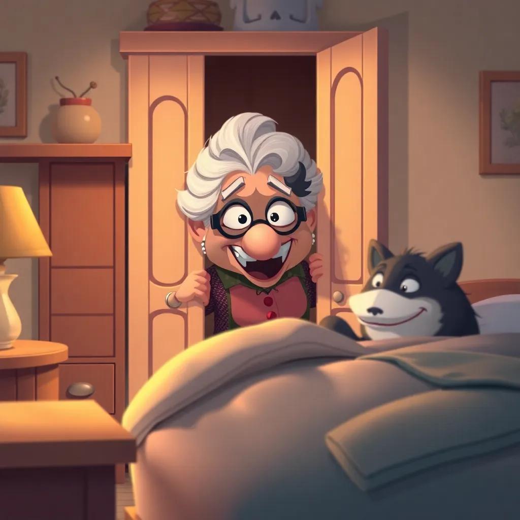 A clever grandmother hiding in the closet with a mischievous grin, peeking out at the wolf in the bed, surrounded by cozy furniture and a soft bed, illustration, warm colors, inviting, humorous angle, high quality