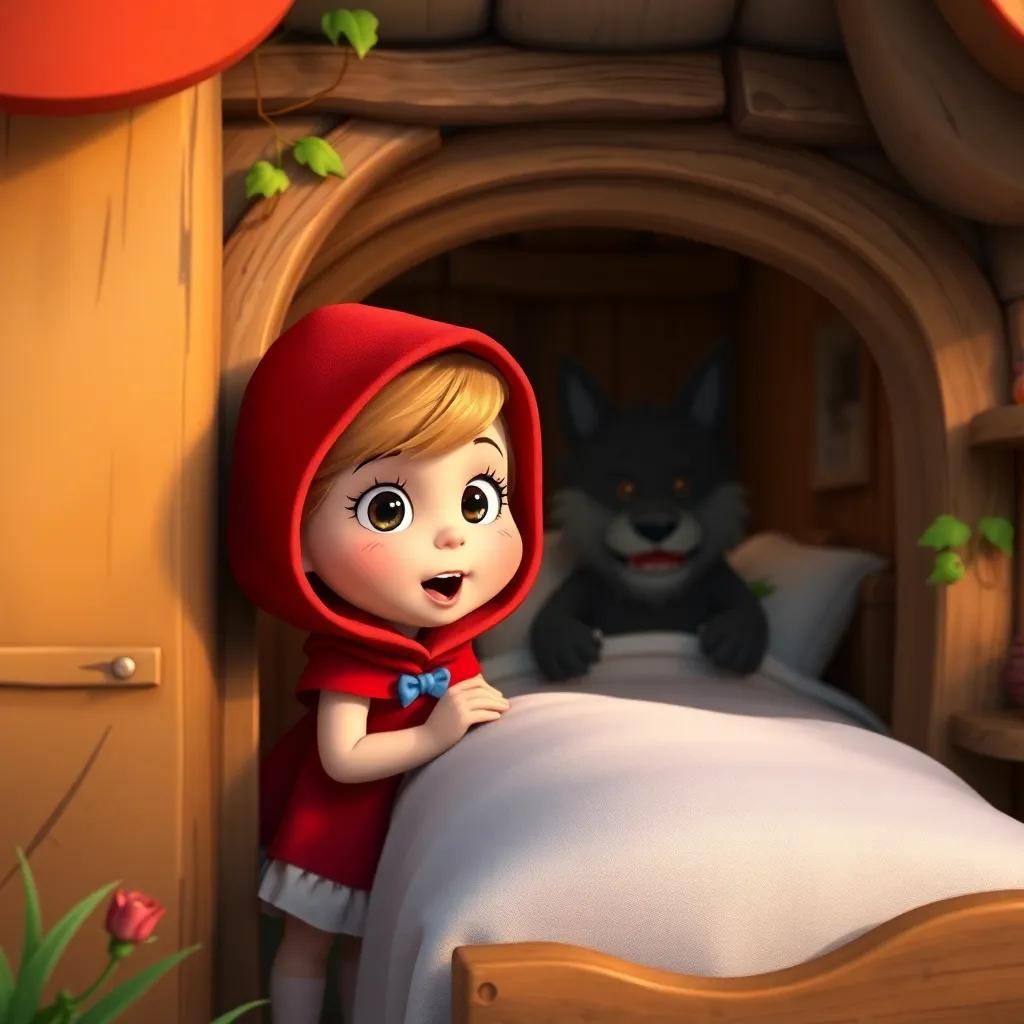 Little Red Riding Hood peeking into the cottage and spotting the wolf in her grandmother's bed, with a surprised expression and a playful attitude, in a colorful, inviting cottage setting, digital art, friendly, engaging scene, high quality
