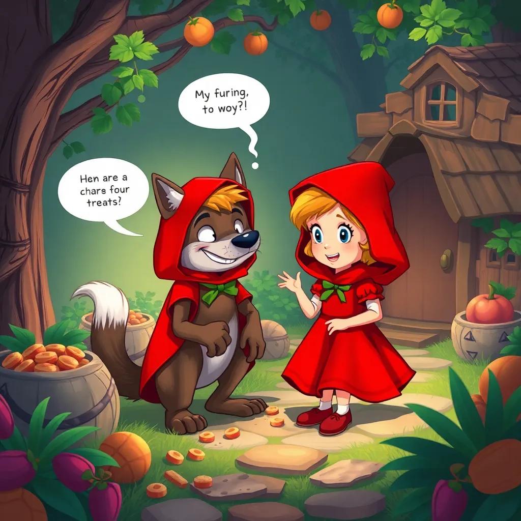 Little Red Riding Hood in a playful mood, talking to the wolf in a furiously funny way, as she circles around him, while the wolf looks confused, surrounded by treats and the cozy cottage, digital painting, lively colors, vibrant energy, high quality