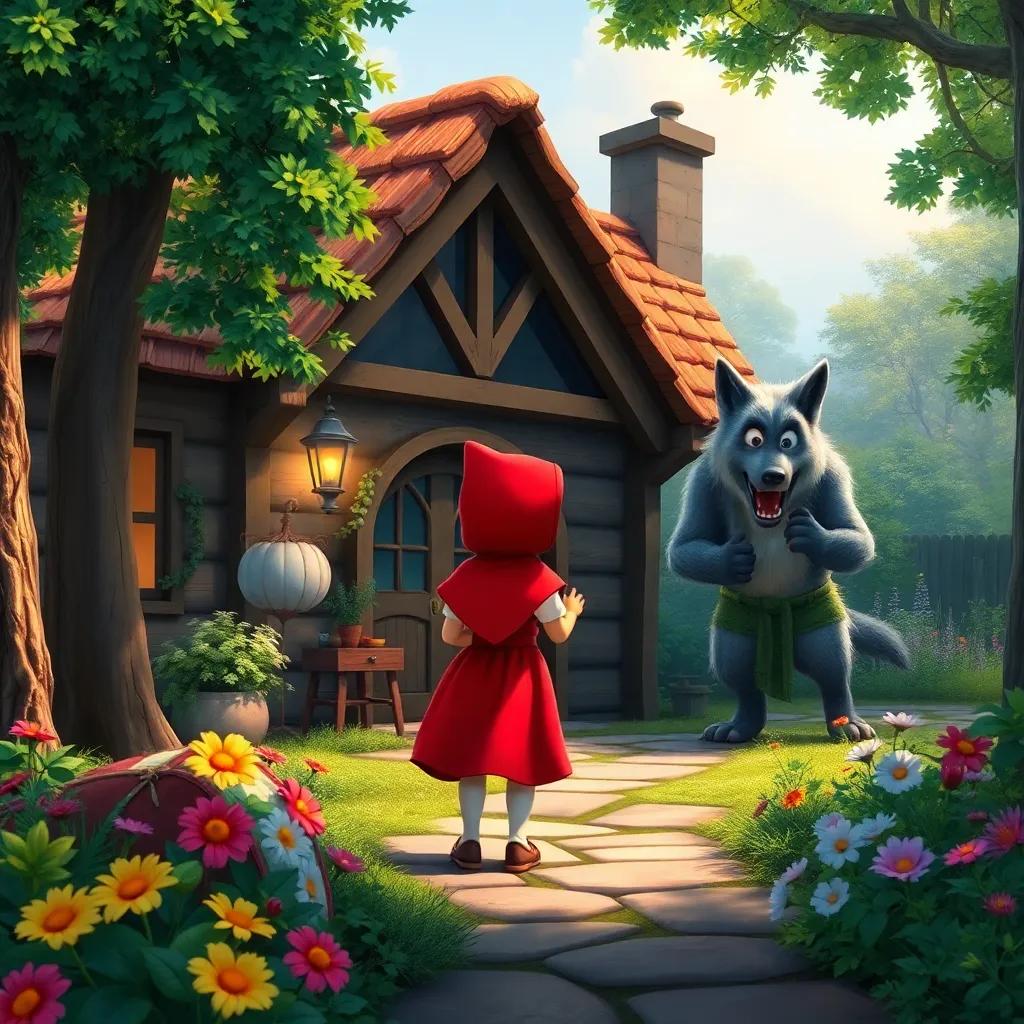 Little Red Riding Hood calling for help outside the cottage, with woodsmen arriving quickly and the surprised wolf looking back, surrounded by lush trees and vibrant flowers, digital art, dramatic, engaging scene, high quality