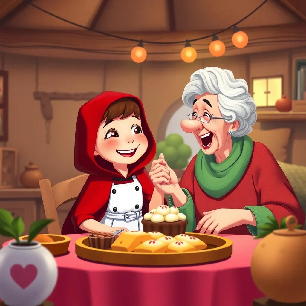 Little Red Riding Hood and her grandmother celebrating together with treats, laughing and enjoying their time in the cozy cottage, bright colors, cheerful vibe, heartwarming atmosphere, digital art, happy and friendly, high quality