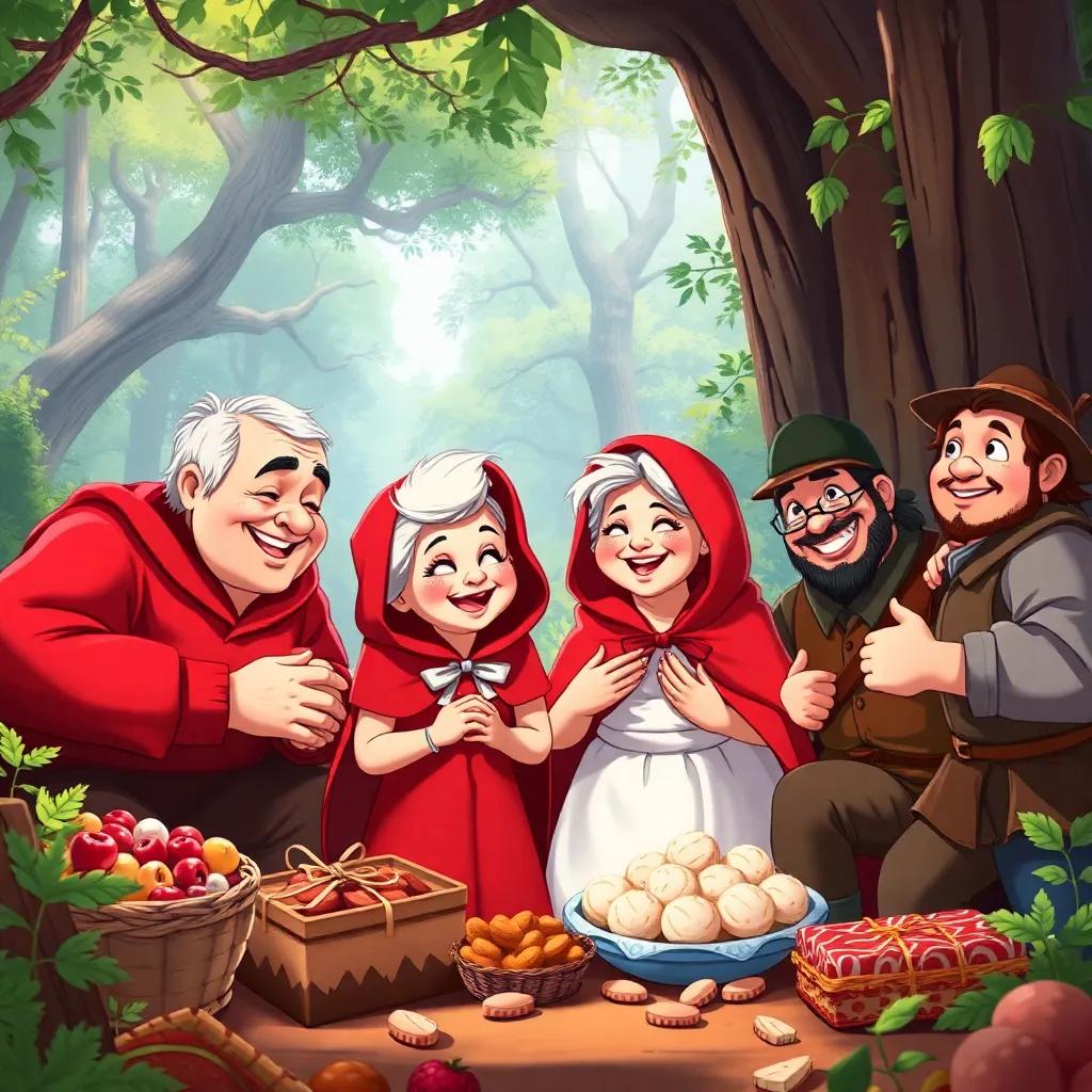 A happy ending scene with Little Red Riding Hood, her grandmother, and the woodsmen smiling together, surrounded by goodies and the lush forest, digital illustration, joyful, bright colors, magical feeling, high quality