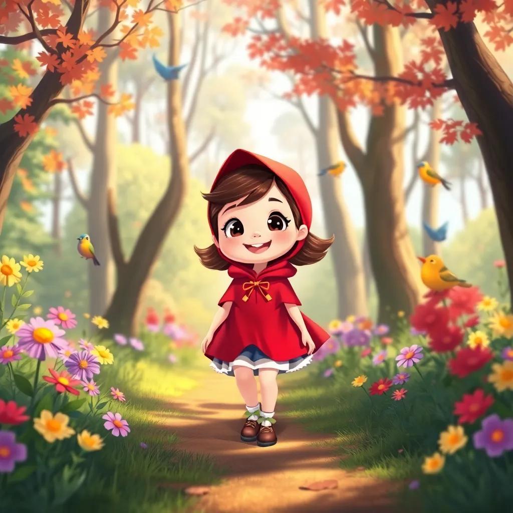 A little girl named Red Riding Hood with a bright red cloak, walking happily in a sunny forest, surrounded by colorful flowers and singing birds, digital art, cheerful, vibrant colors, warm light, inviting atmosphere, high quality