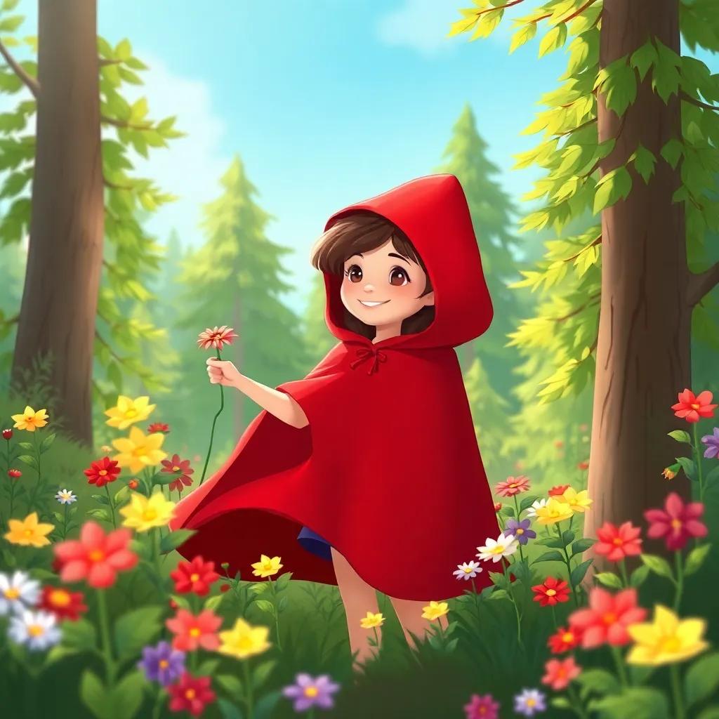 Red Riding Hood happily picking flowers in the woods, her bright red cloak standing out among the green trees and colorful flowers, illustration, joyful, cheerful theme, glowing colors, high quality