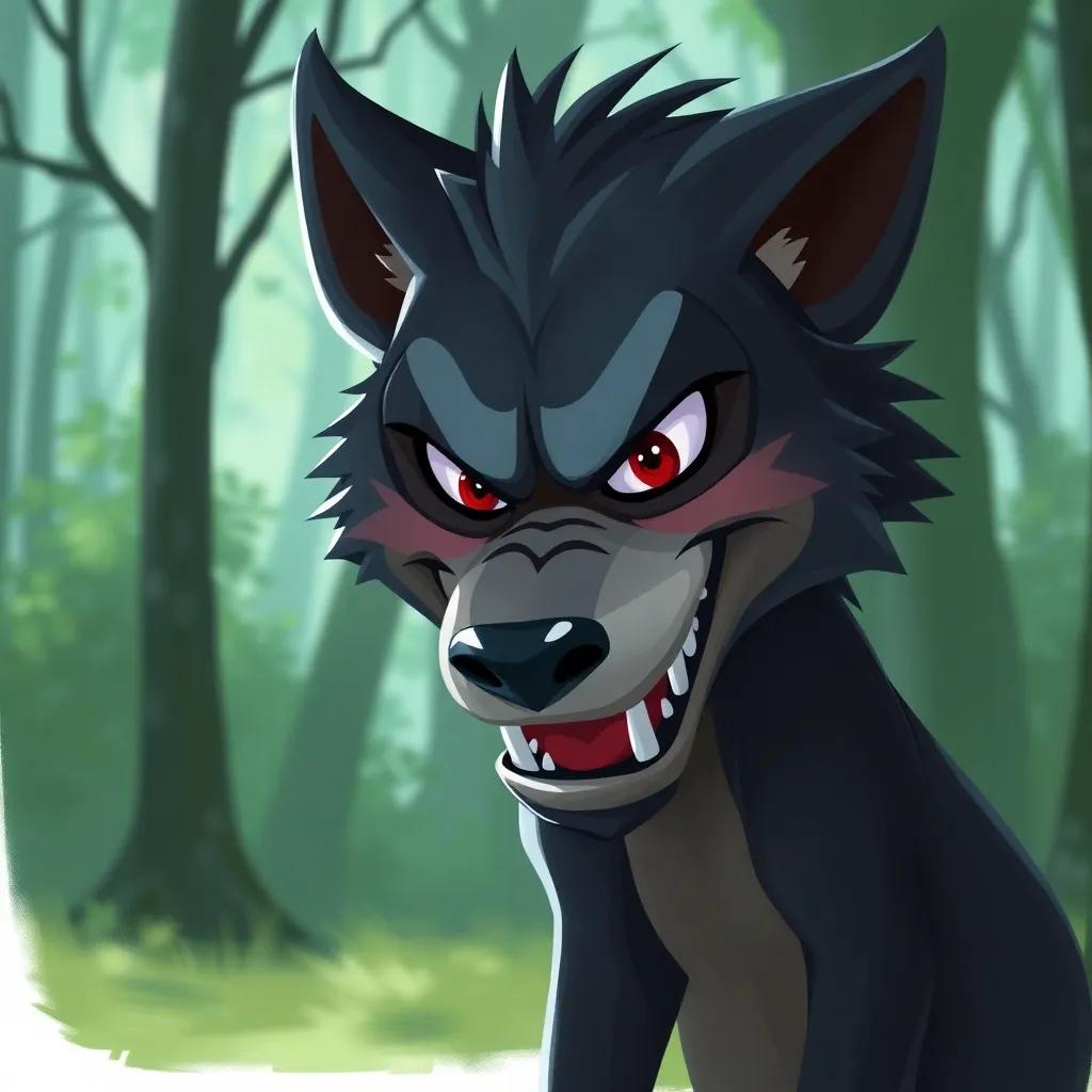 A cunning wolf with sharp teeth and sly eyes, appearing in the woods, with a sly grin, digital painting, dark yet child-friendly, whimsical style, dramatic, colorful