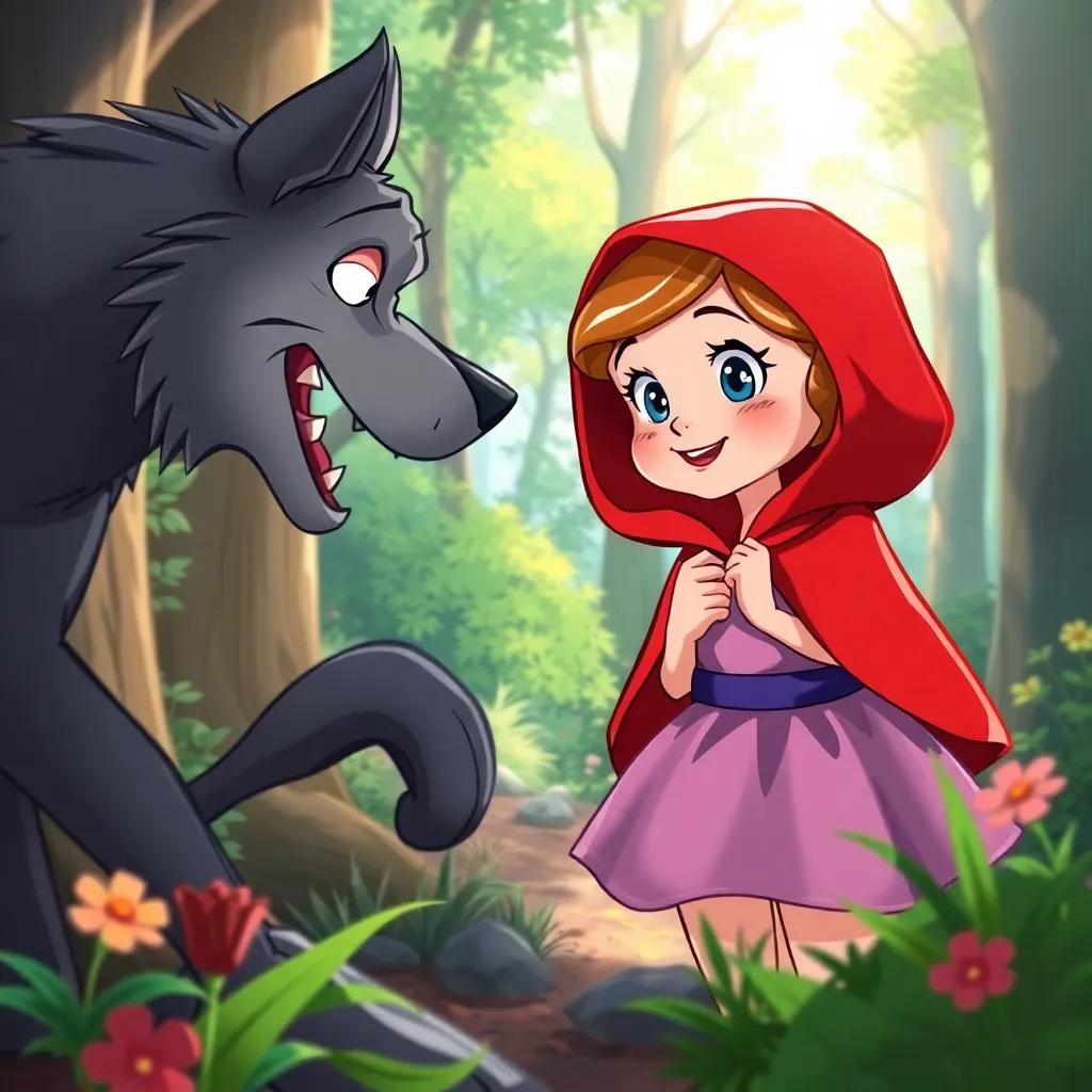 Red Riding Hood looking clever and brave as she talks to the wolf, in a bright forest setting, vibrant colors, cheerful atmosphere, illustration, friendly, high quality