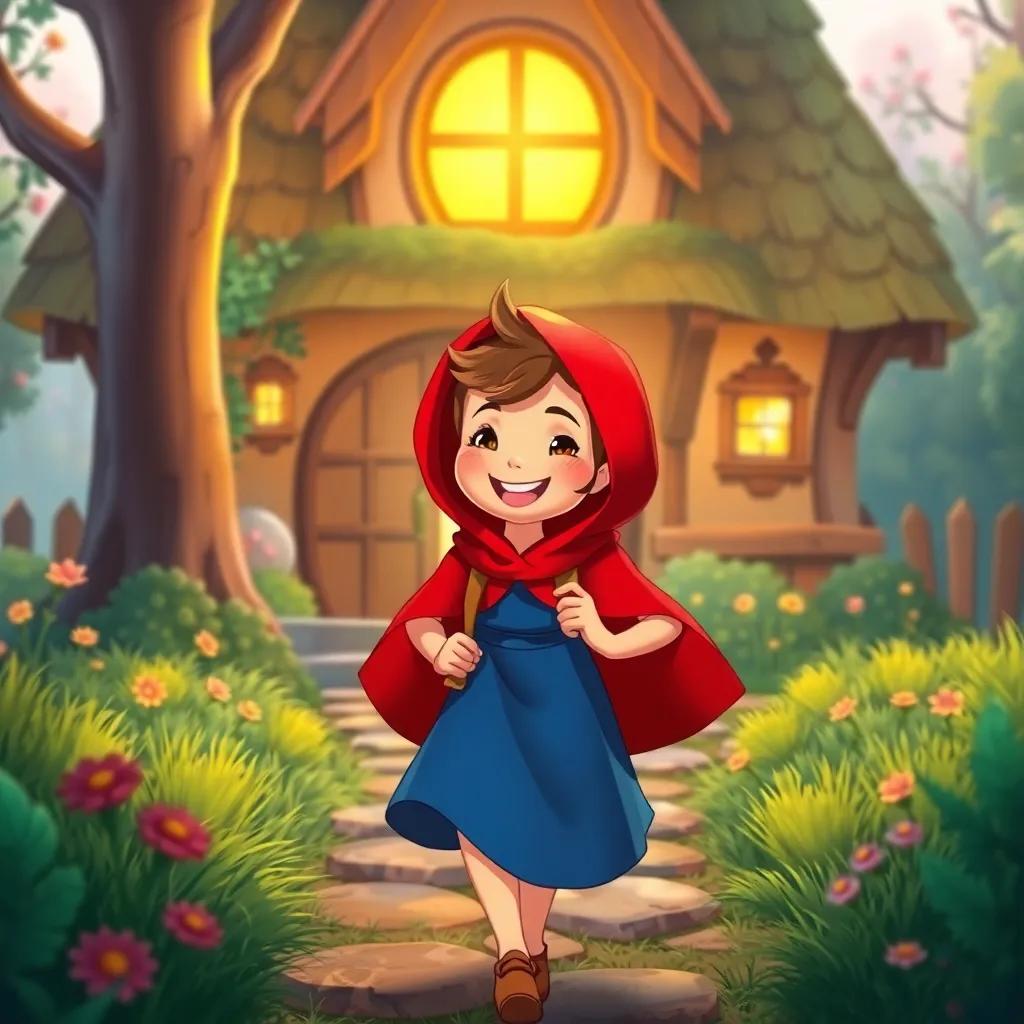 Red Riding Hood arriving at Grandma's house, smiling and full of determination, vibrant colors, joyful, bright light, illustration, high quality
