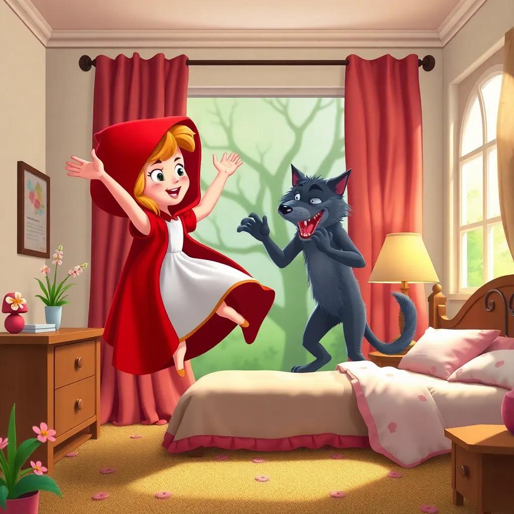 Red Riding Hood jumping out playfully at the wolf, in a cozy bedroom with flowery curtains, whimsical, colorful, light-hearted, high quality