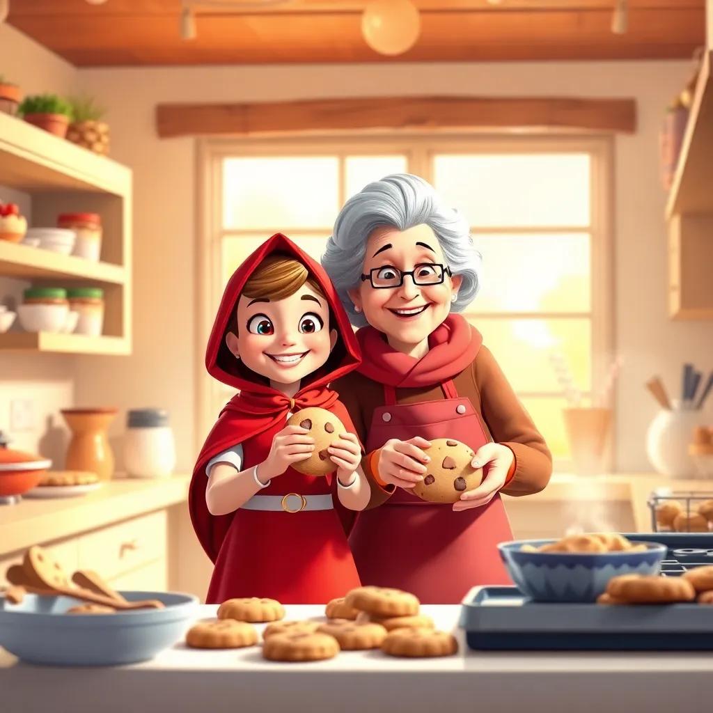 Red Riding Hood and Grandma baking cookies together, smiles all around, standing in a bright kitchen filled with delicious treats, cheerful, colorful, warm light, high quality
