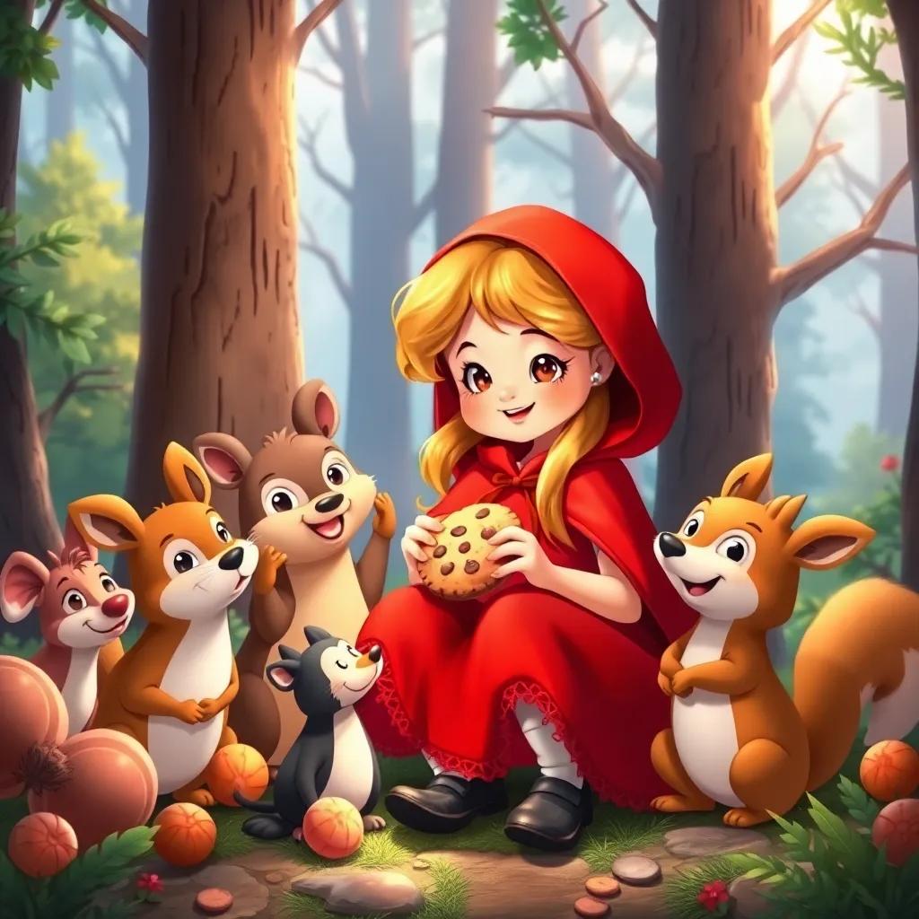 Red Riding Hood sharing cookies with forest animals, surrounded by trees and happy creatures, fun and colorful, heartwarming scene, bright and inviting, high quality