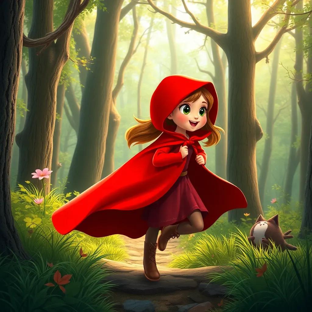 Red Riding Hood exploring the woods, discovering new paths, with her bright red cloak flowing behind her, joyful exploration theme, digital art, colorful, lively, high quality