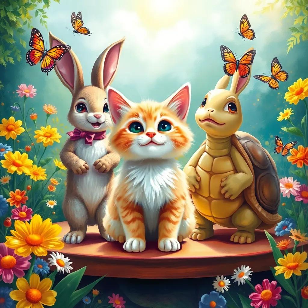 Lofi, a little cat with fluffy fur, surrounded by a cheerful rabbit named Bounce and a wise turtle named Shell, standing on a stage in a garden, vibrant flowers and butterflies around, joyful scene, bright sunlight, colorful, cheerful vibe, high quality