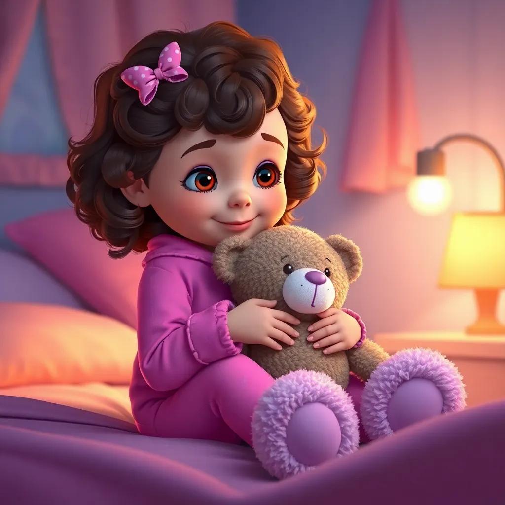 Lola, a young girl with curly brown hair, wearing pink pajamas and fluffy slippers, cuddling her teddy bear in her cozy bedroom, soft glow from a nightlight, calm atmosphere, digital art, warm colors, inviting feel, high quality