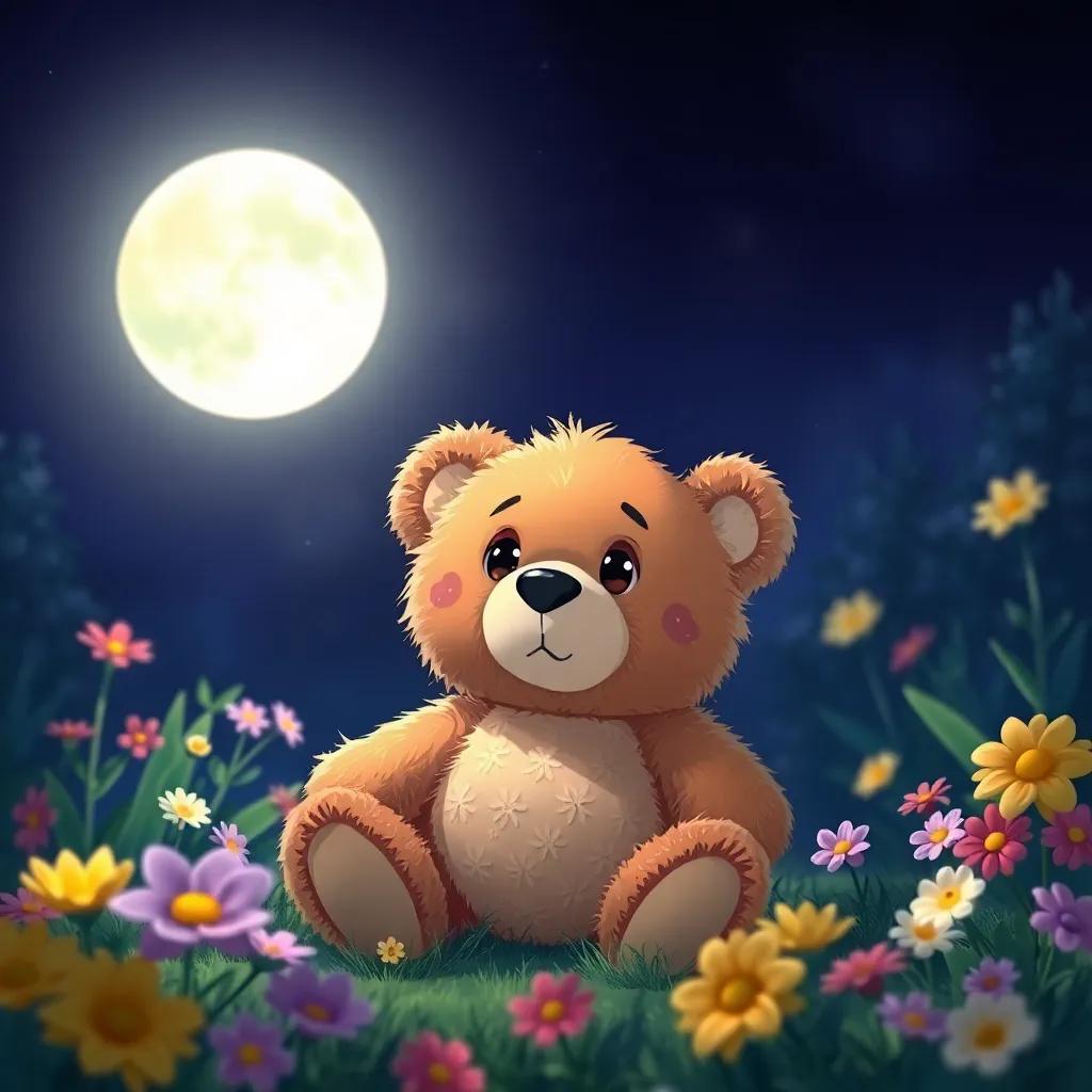 A fluffy teddy bear, looking surprised, sitting alone in a garden under a bright moon, surrounded by colorful flowers, soft shadows, nighttime adventure, vibrant colors, whimsical, high quality