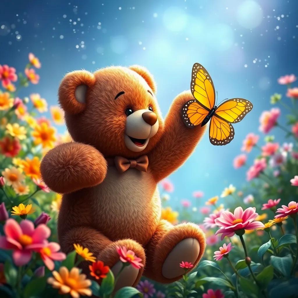 The teddy bear, now alive, dancing with a colorful butterfly in a flower-filled garden, full of joy and laughter, under a starry sky, enchanting scene, bright colors, joyful, high quality