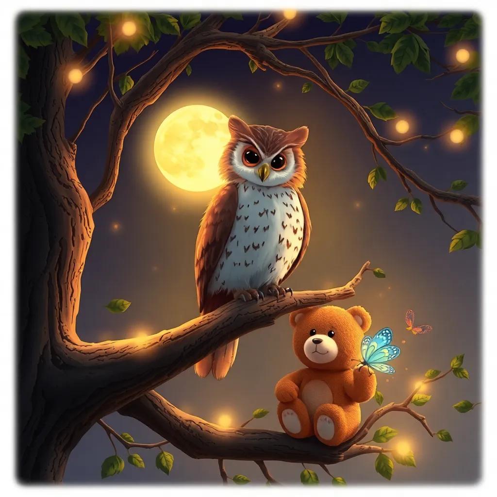 A wise owl perched on a tree branch, looking down at the teddy bear and butterfly, moonlight shining through branches, magical atmosphere, detailed digital art, warm colors, child-friendly, high quality
