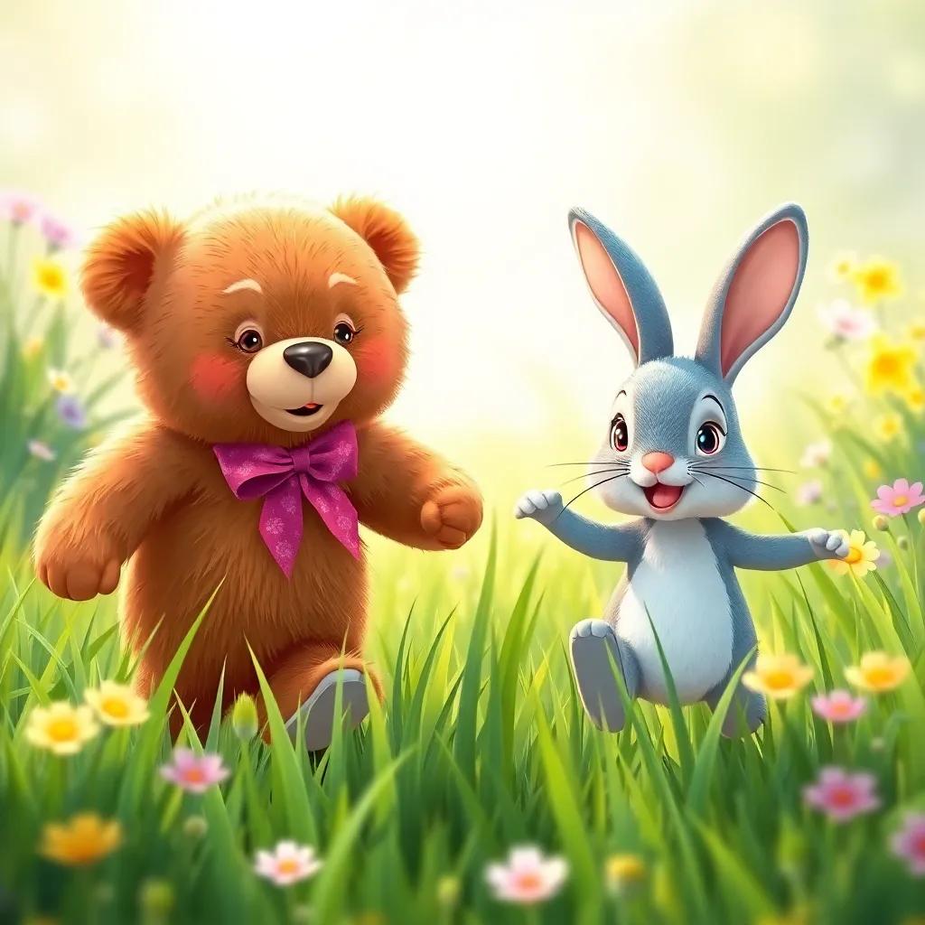 The teddy bear and the vibrant rabbit, hopping through green grass, with flowers swaying in the breeze, bright morning light, cheerful scene, colorful, whimsical, high quality