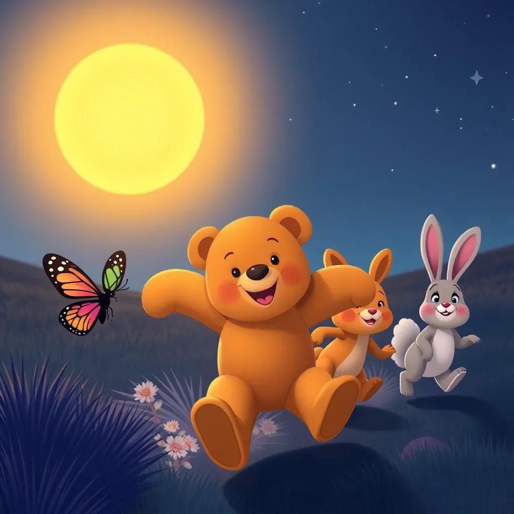 The teddy bear racing with new friends, the butterfly and rabbit, beneath a starry sky as dawn begins to break, excitement in the air, dynamic colors, playful mood, high quality