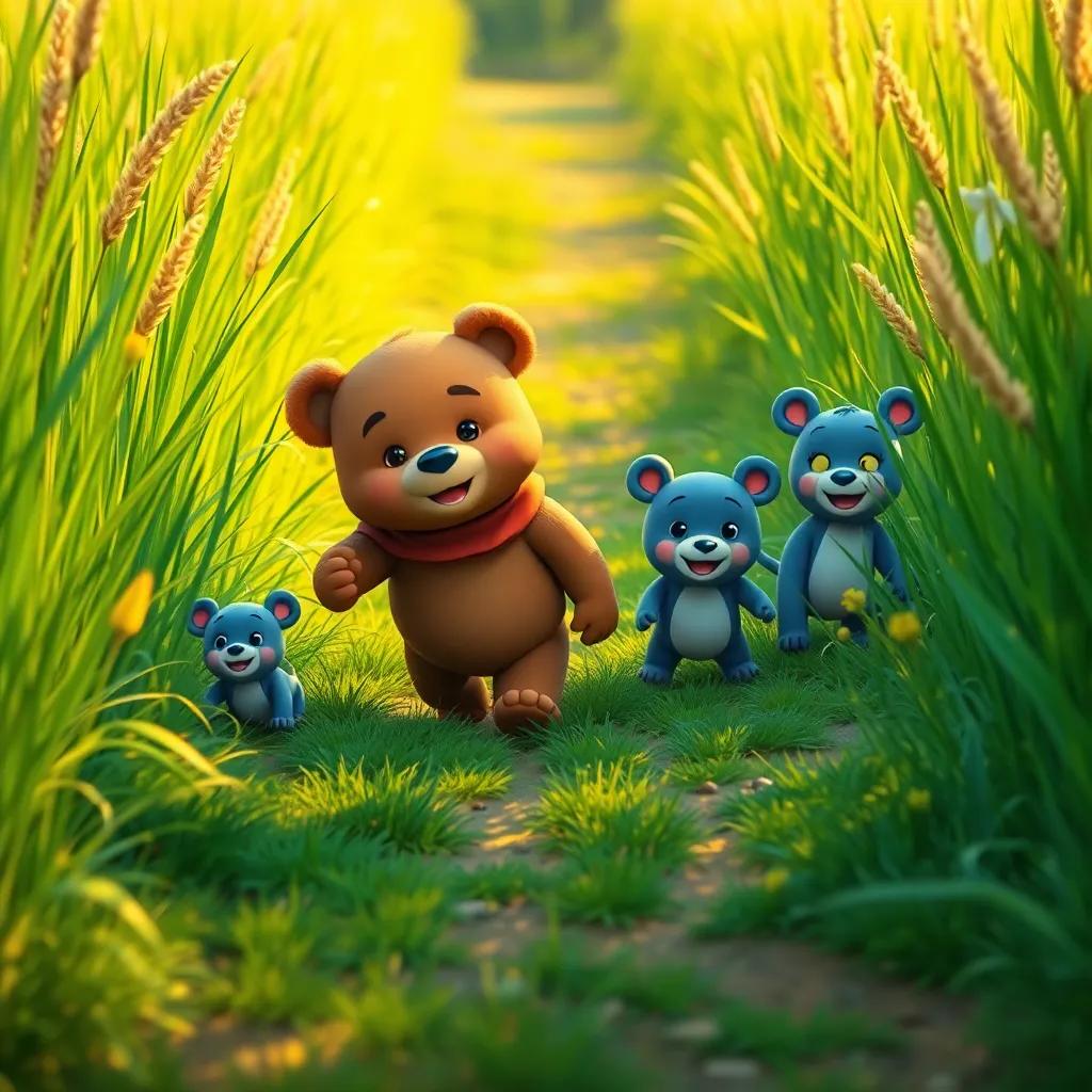 The teddy bear and his friends discovering a path lined with tall grass, feeling adventurous and happy, early morning light, vibrant greens and yellows, child-friendly, high quality