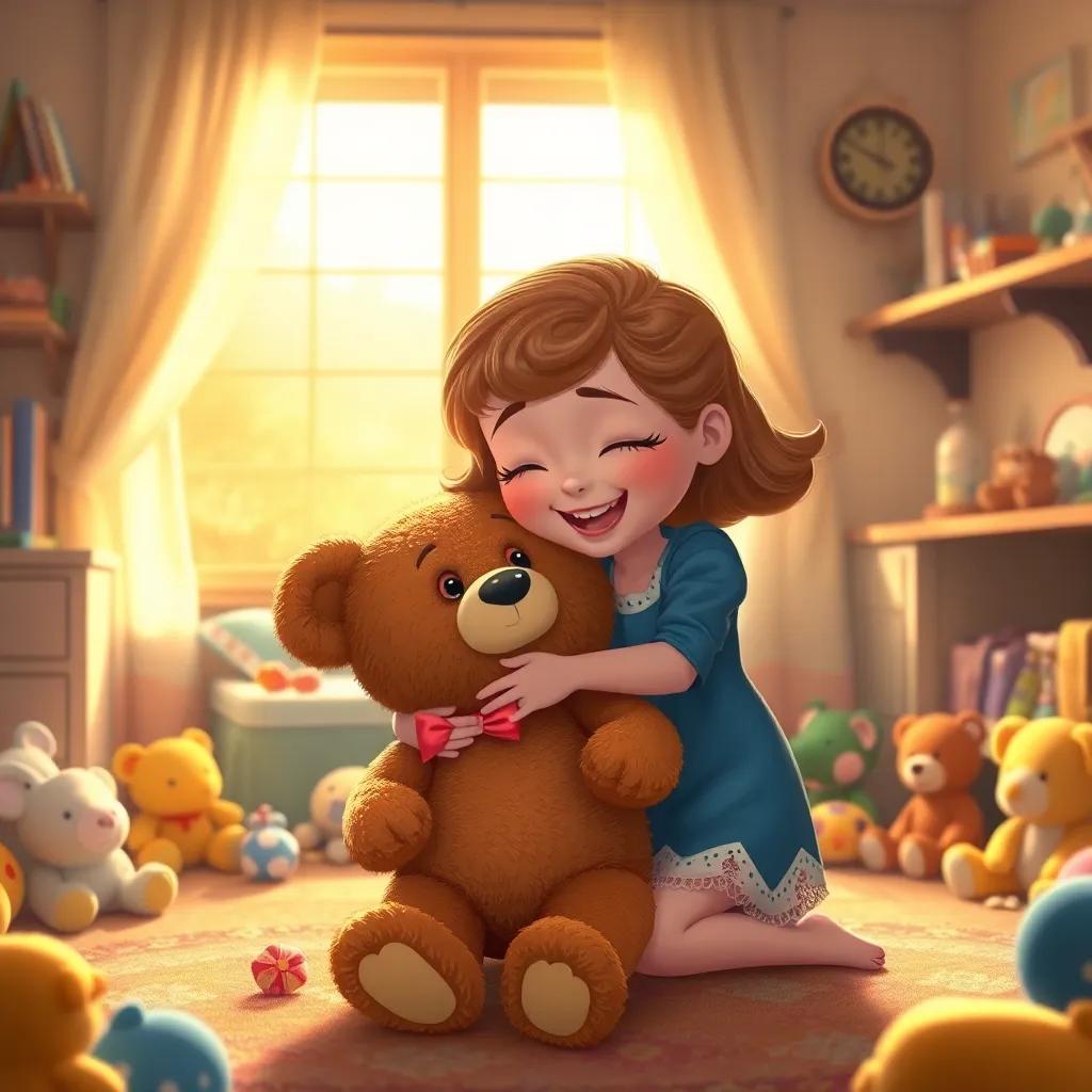 The joyful reunion of Lola and her teddy bear, cozy bedroom filled with toys, golden sunlight pouring in, happy atmosphere, warm colors, heartwarming scene, high quality