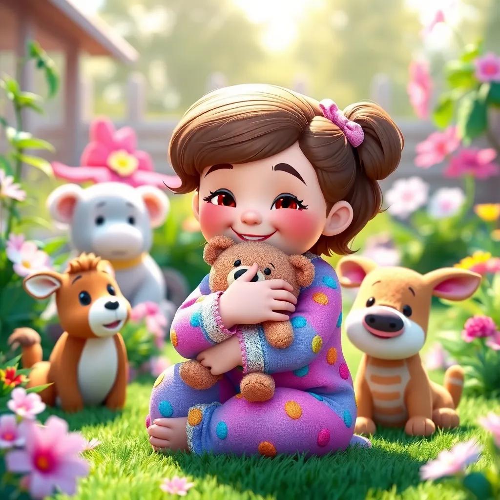 Lola in her colorful pajamas hugging her teddy tight, in a beautiful garden with her new animal friends, bright sunlit day, joyful expressions, cheerful, high quality