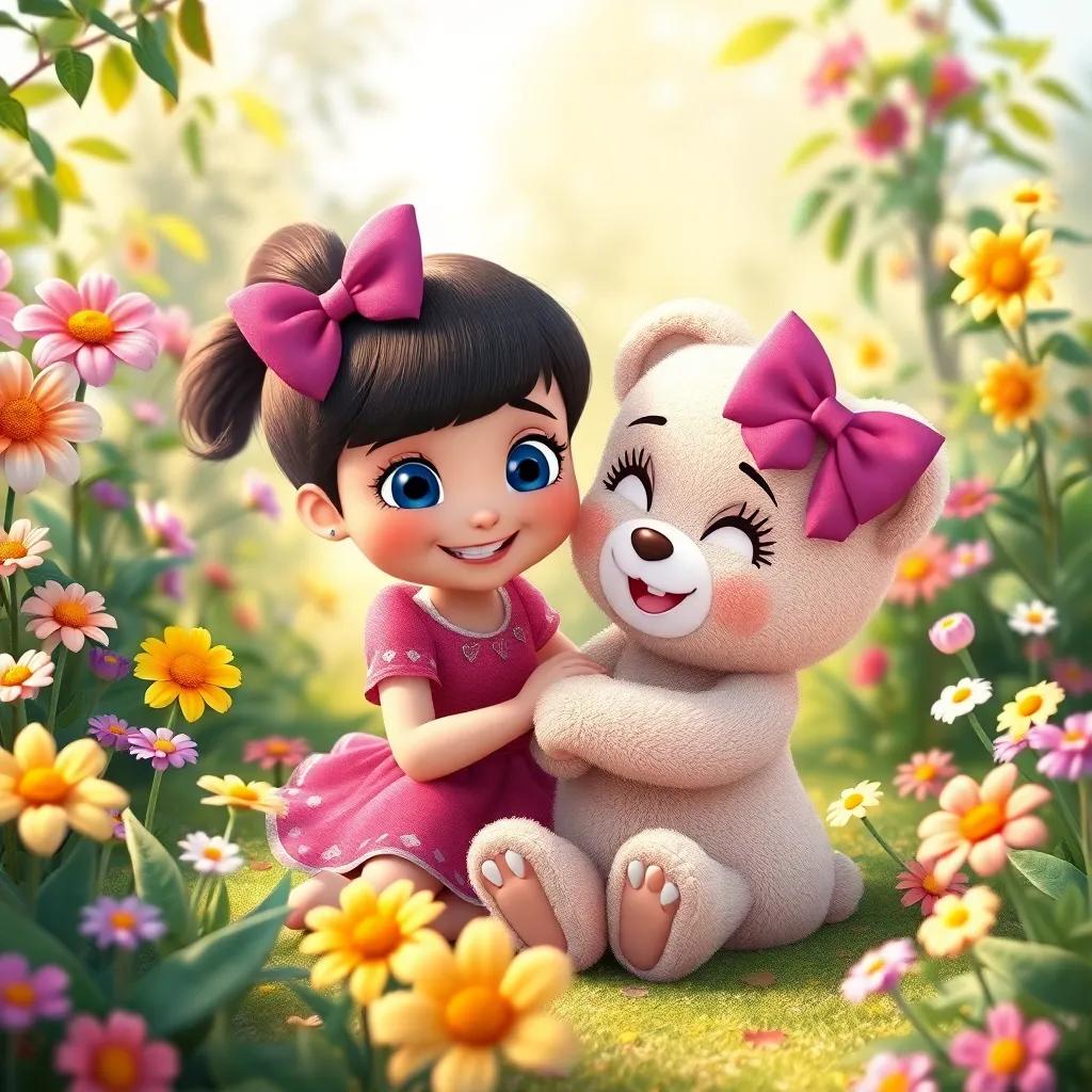 Lola and her teddy bear together in the garden, surrounded by flowers and friends, bright colors, feeling of friendship and love, heartwarming, cheerful, high quality