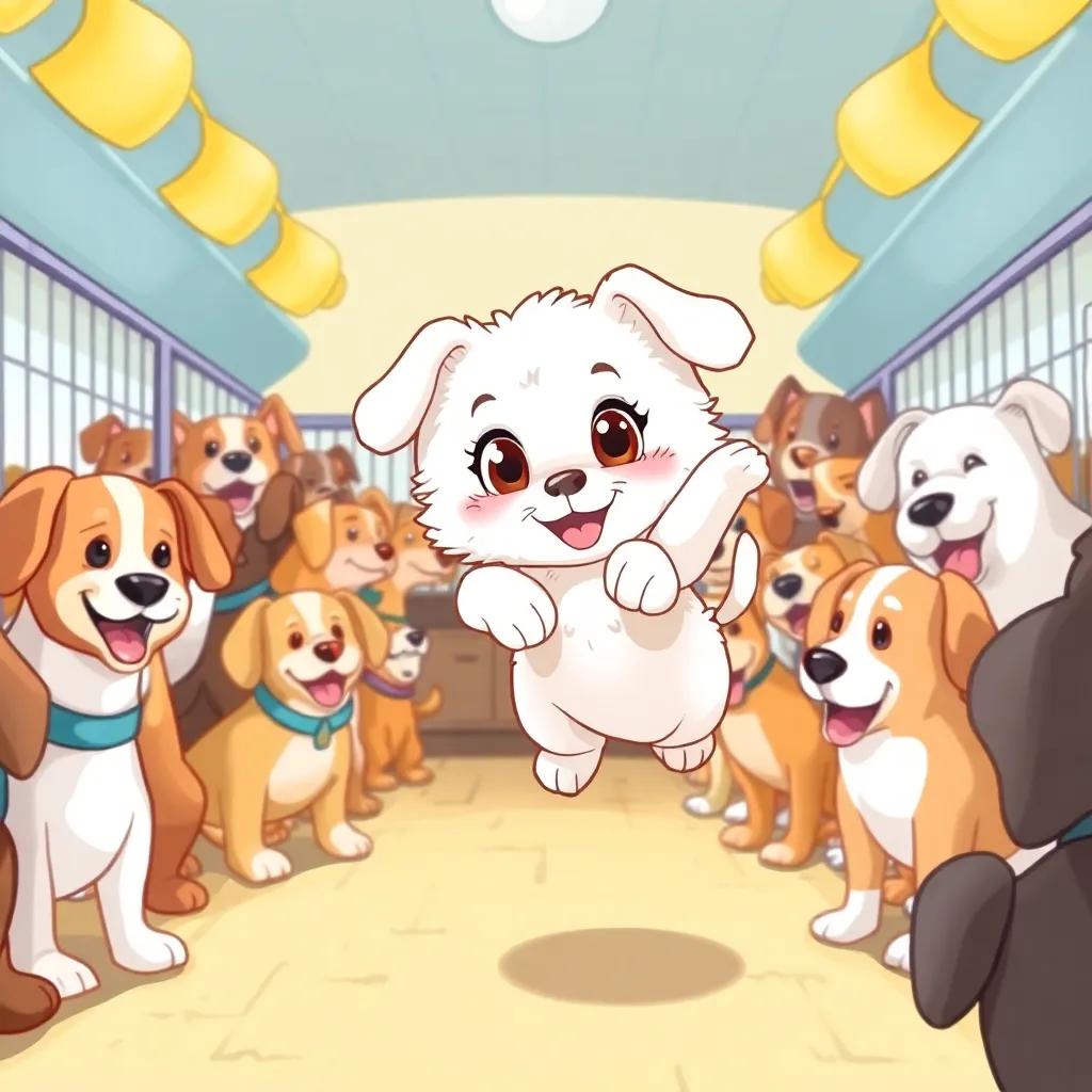 A playful puppy, Lola, with fluffy white fur and big brown eyes, jumping excitedly in a dog kennel filled with other dogs, cheerful atmosphere, bright colors, inviting environment, high quality