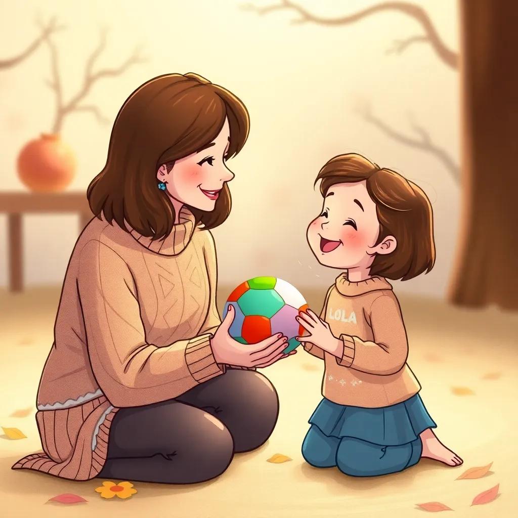 Dona Rita, a kind woman in her 30s, with medium-length brown hair wearing a cozy sweater, kneeling beside Lola and giving her a colorful ball, warm light, joyful expressions, uplifting scene, high quality