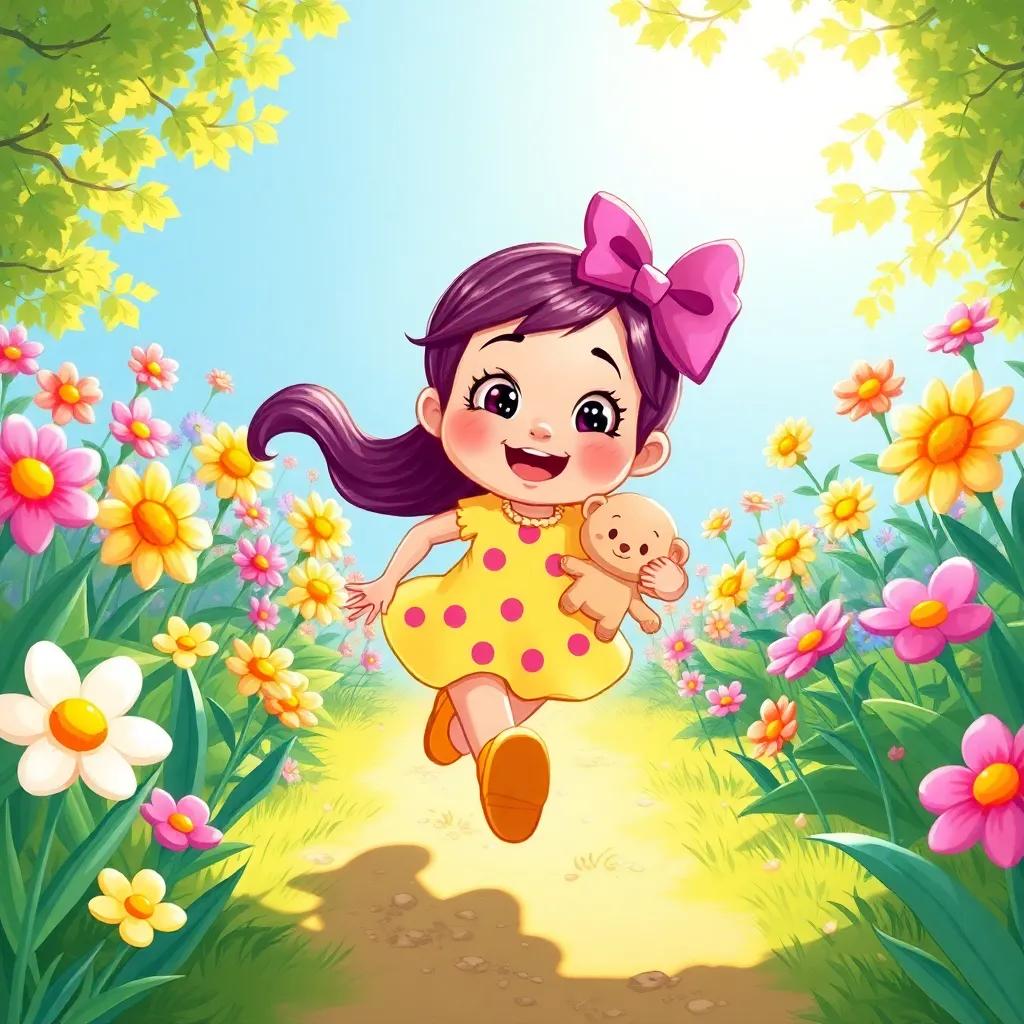 Lola running happily in a garden, playing with a soft toy, surrounded by colorful flowers, bright sunlight, vibrant colors, engaging perspective, joyful atmosphere, high quality