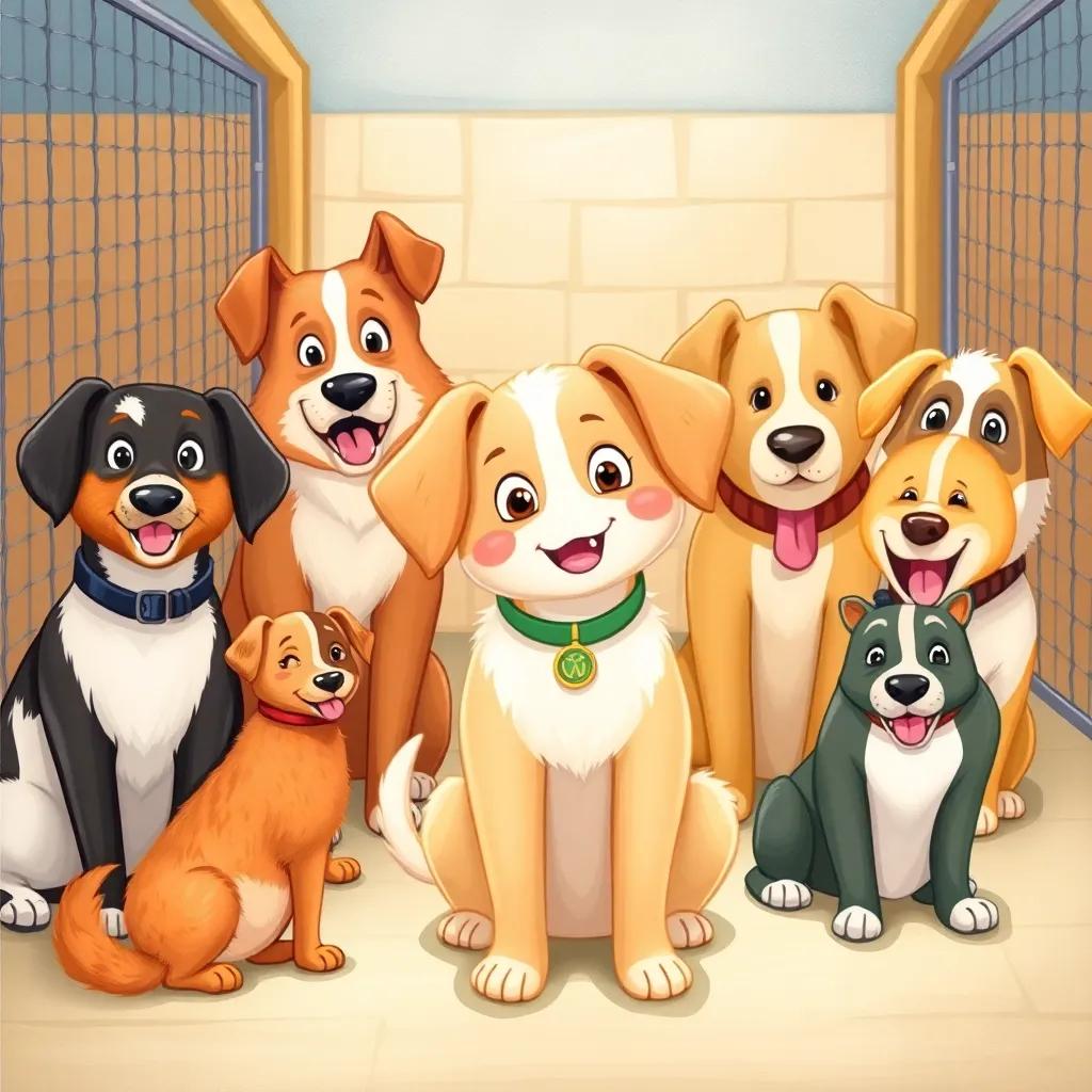 Lola sitting with other well-behaved dogs, all happily learning tricks in the kennel, friendly faces, colorful environment, cheerful mood, high quality