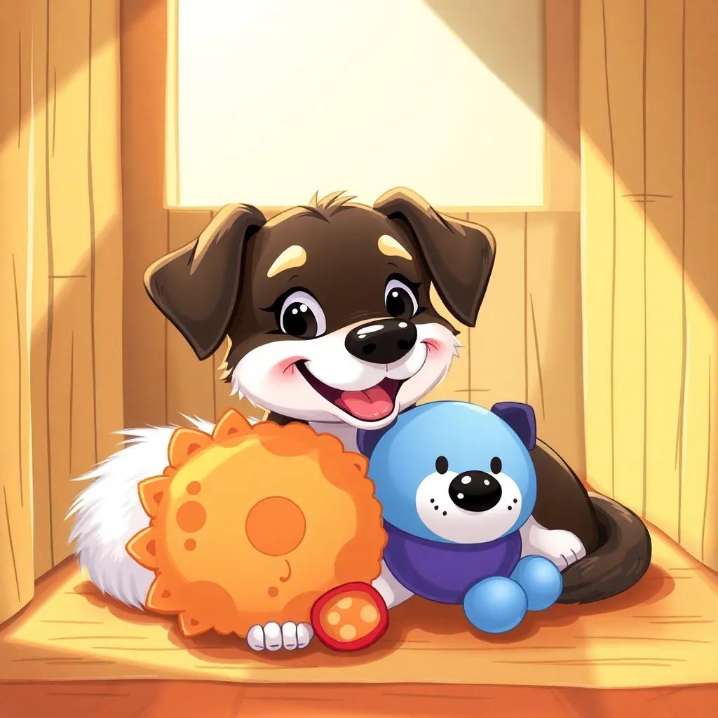 A happy dog, Lola, with a colorful new plush toy, lying comfortably in a sunlit corner of the kennel, vibrant colors, cozy atmosphere, high quality
