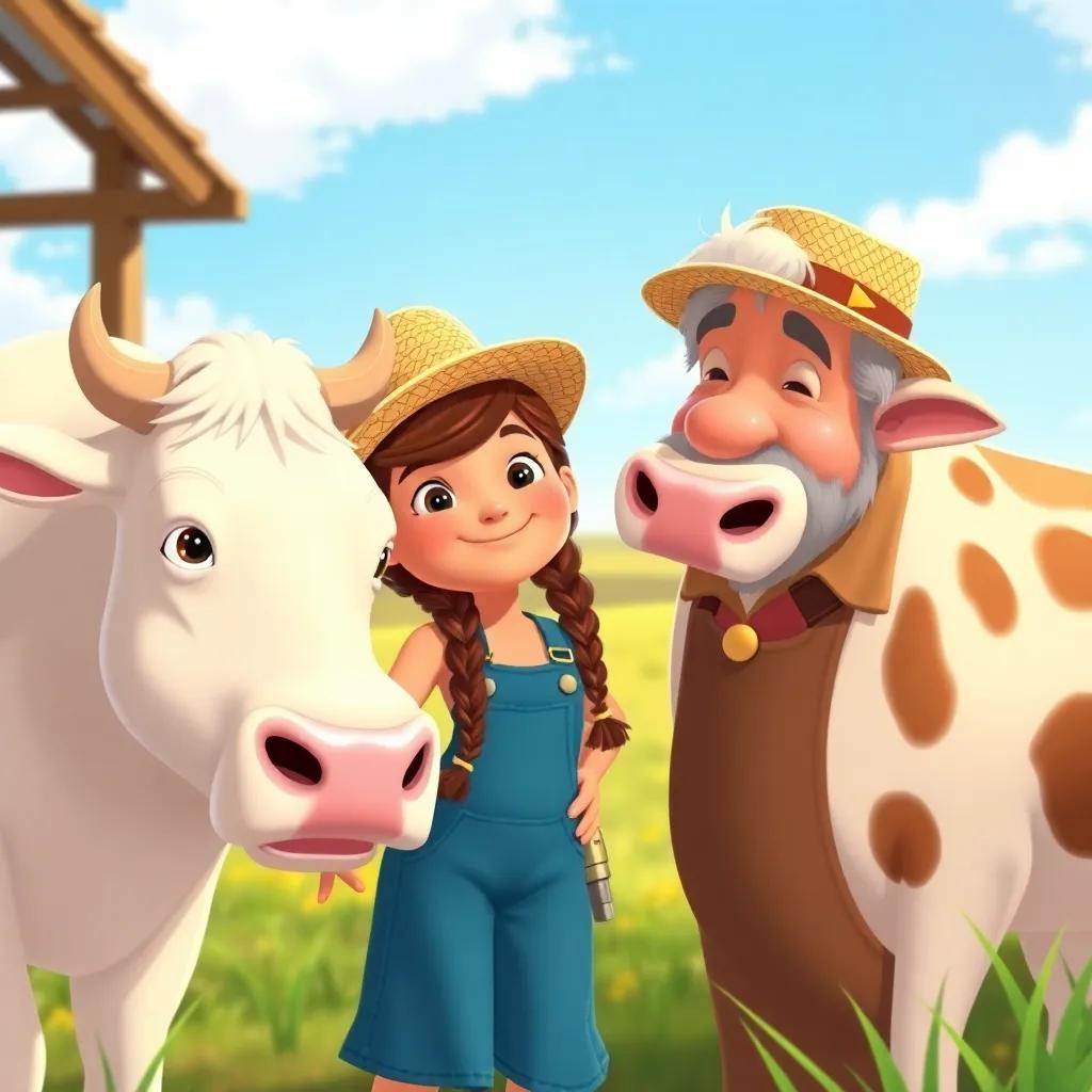 Lola, a young Hispanic girl, with long brown hair in two braids, wearing a straw hat and overalls, helping her grandfather with a happy face while milking a big white cow, illustration, joyful, farm theme, colorful, vibrant light, child-friendly