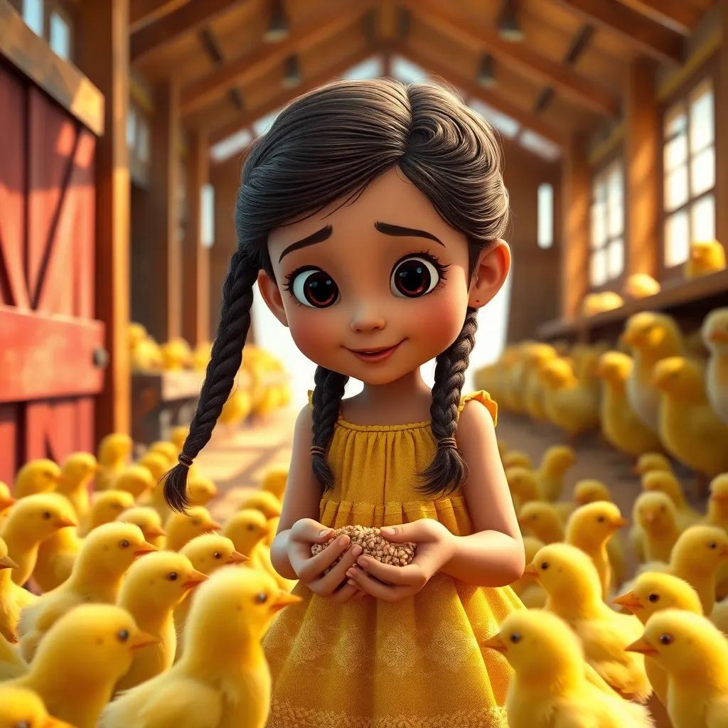 Lola, a young Hispanic girl, with long brown hair in two braids wearing a yellow dress, feeding little yellow chicks with grains, surrounded by a cheerful and bustling barn, digital art, bright colors, sunny day, heartwarming scene, high quality