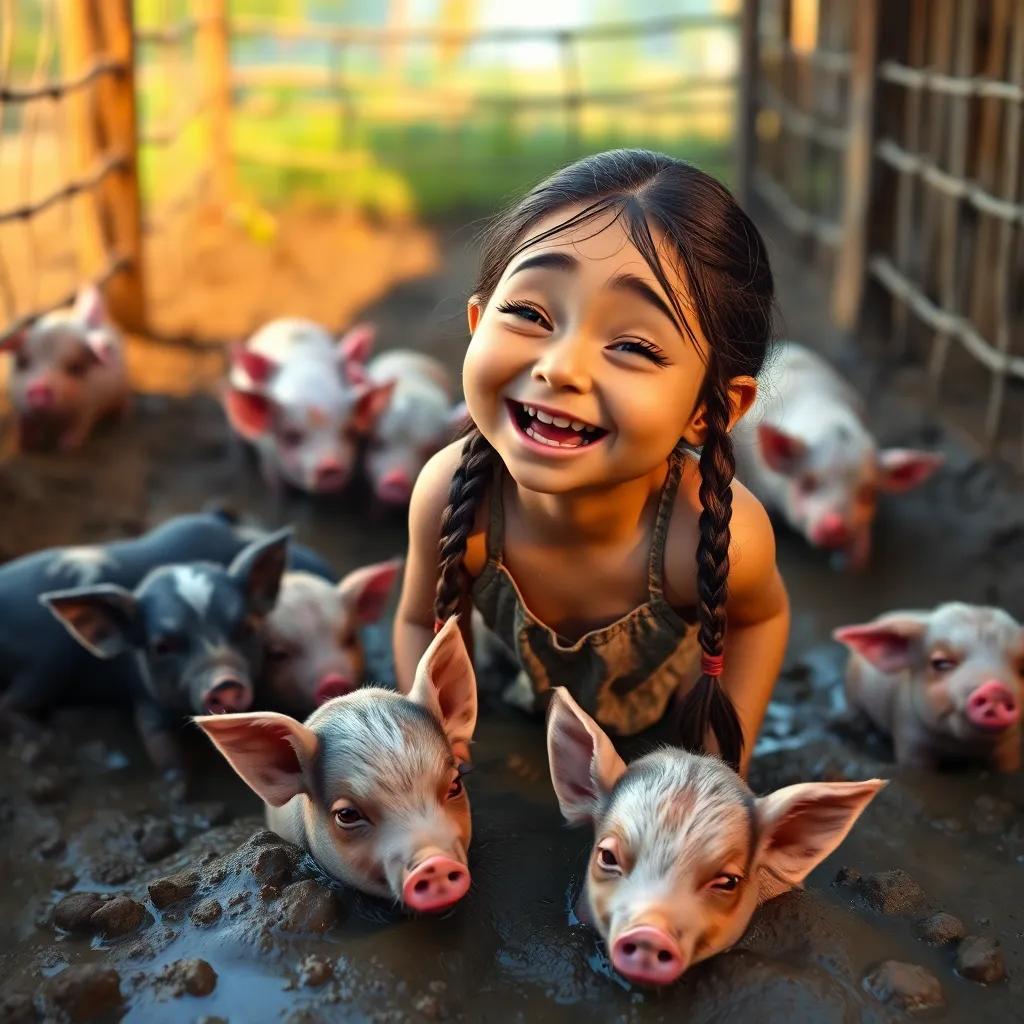 Lola, a young Hispanic girl, with long brown hair in two braids, covered in mud, laughing while playing with playful piglets in a muddy pen, rich colors, playful atmosphere, fun perspective, high quality