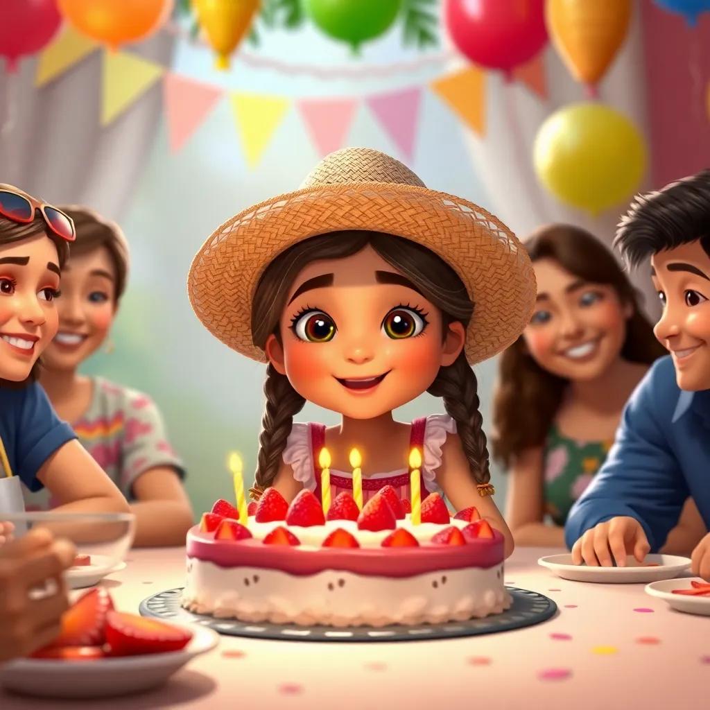 Lola, a young Hispanic girl, with long brown hair in two braids wearing a straw hat, sitting at a table with her family, enjoying strawberry cake for the party, with colorful decorations around, digital art, joyful celebration, inviting scene, high quality