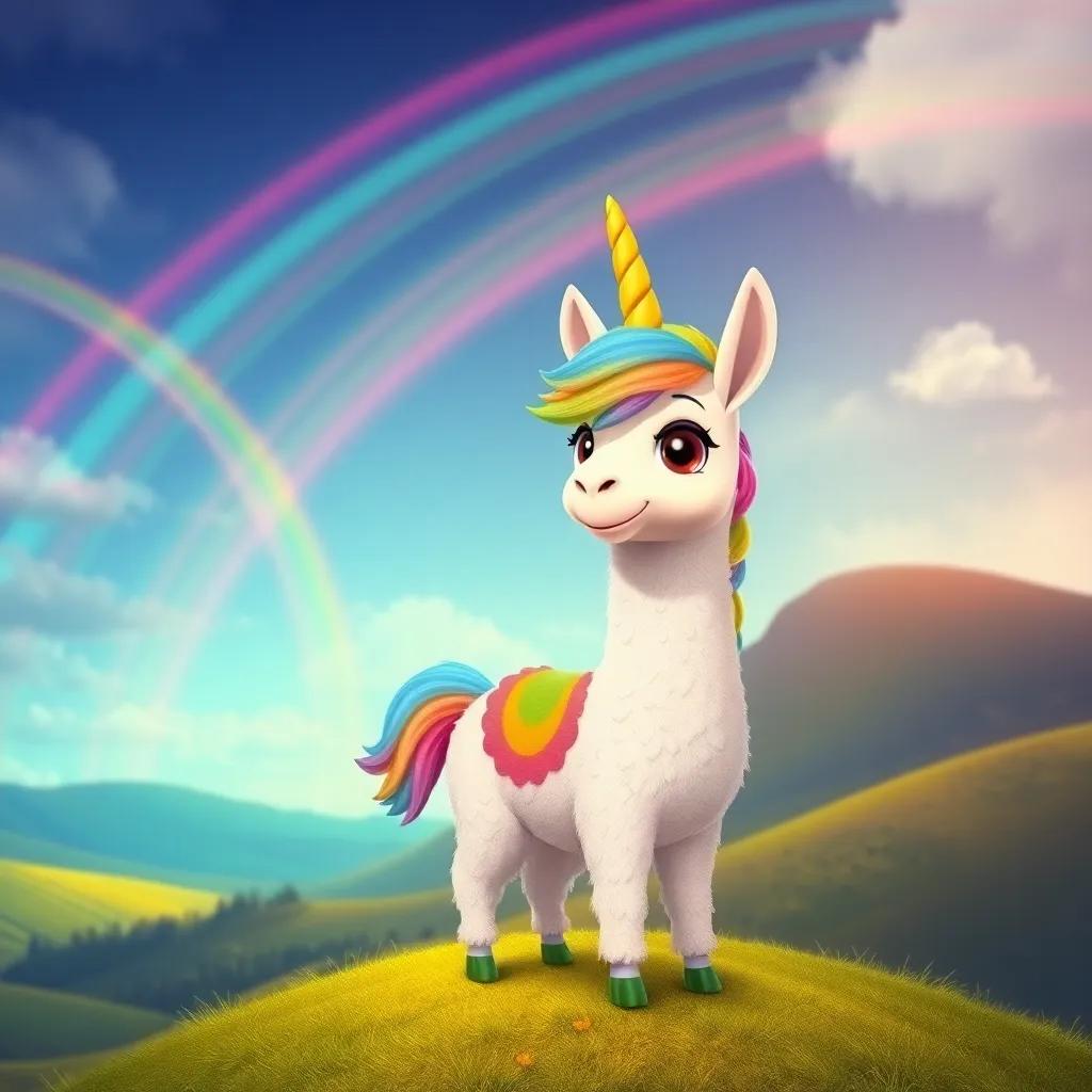 A special llamacorn named Lola with colorful fur and a shiny horn, standing on a hill with rainbows dancing in the sky, cheerful and vibrant, digital art, bright colors, inviting landscape, great perspective, enchanting atmosphere