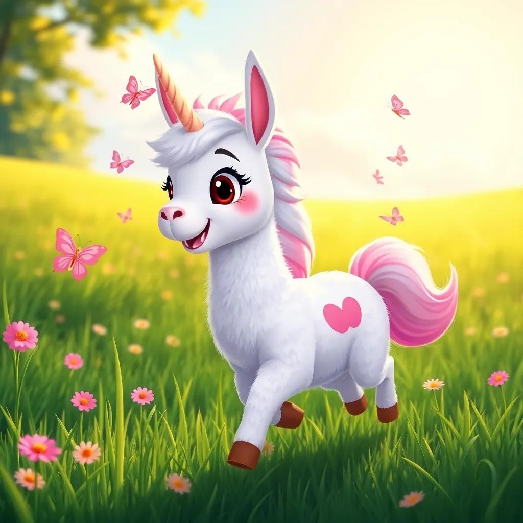 Lola the Llamacorn trotting joyfully across green grass, her fur glowing under the sunlight, with a happy expression, butterflies fluttering around her, illustration, vibrant colors, playful scene, cheerful atmosphere