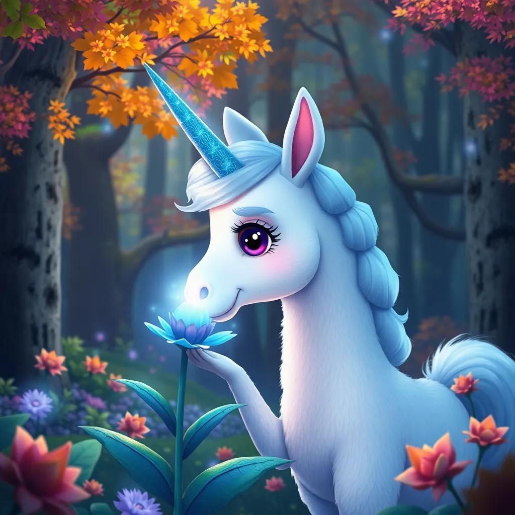 Lola the Llamacorn touching a blue flower with her shiny horn in a magical forest, the flower glowing brightly, surrounding trees abundant with colorful foliage, digital painting, whimsical, detailed, enchanting atmosphere