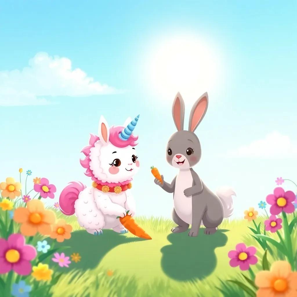 Lola the Llamacorn with Benny the Bunny under a bright sun, looking for Benny's lost carrot together, a delightful and cheerful scene, colorful flowers and bright grass, illustration, lighthearted, playful atmosphere