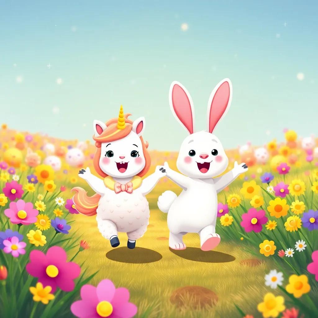 Lola the Llamacorn and Benny the Bunny hopping through colorful meadows filled with laughing animals, sparkles shining in the air, each animal joyful, illustration, bright and playful, heartwarming atmosphere