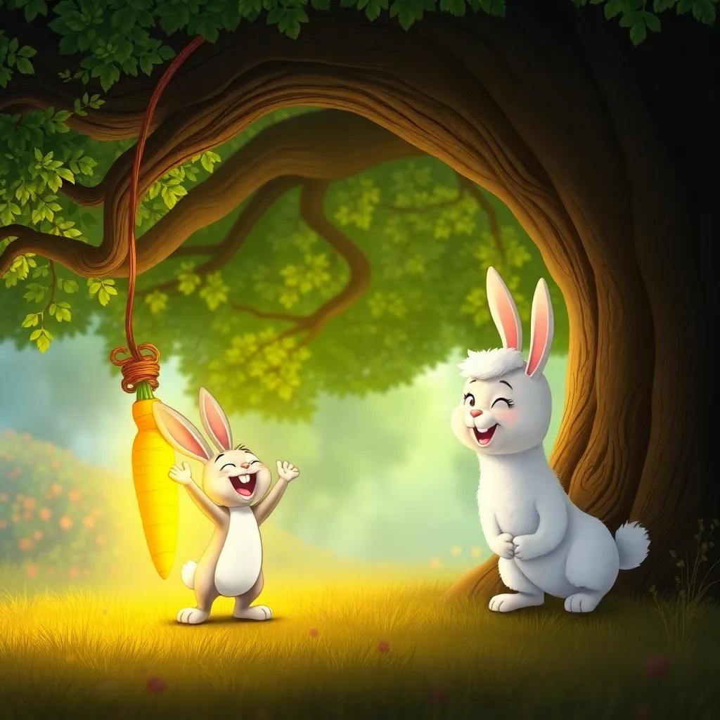 Benny the Bunny rejoicing as he finds his glowing golden carrot under a big oak tree, Lola the Llamacorn smiling beside him, background filled with wonder and laughter, digital art, warm colors, joyful mood, happy perspective