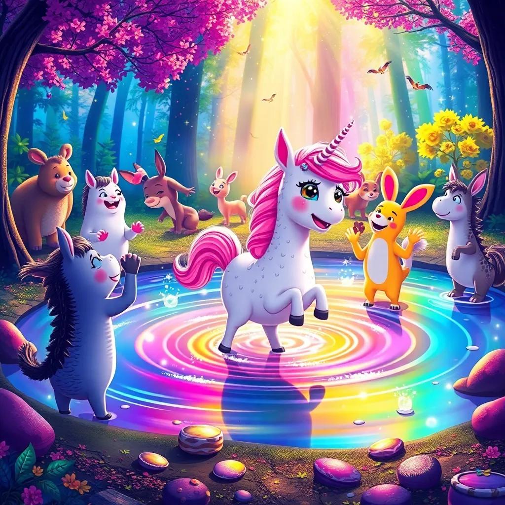 Lola the Llamacorn and animals dancing around a sparkling pond with rainbow colors swirling in the water, a joyous scene filled with laughter and fun, vivid colors, magical atmosphere, detailed illustration